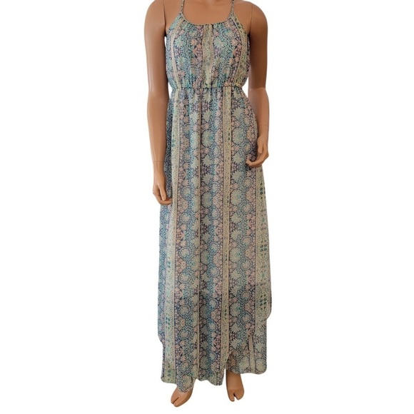 American Eagle women’s dress large maxi tie back Floral blue cream boho beach - Picture 8 of 10